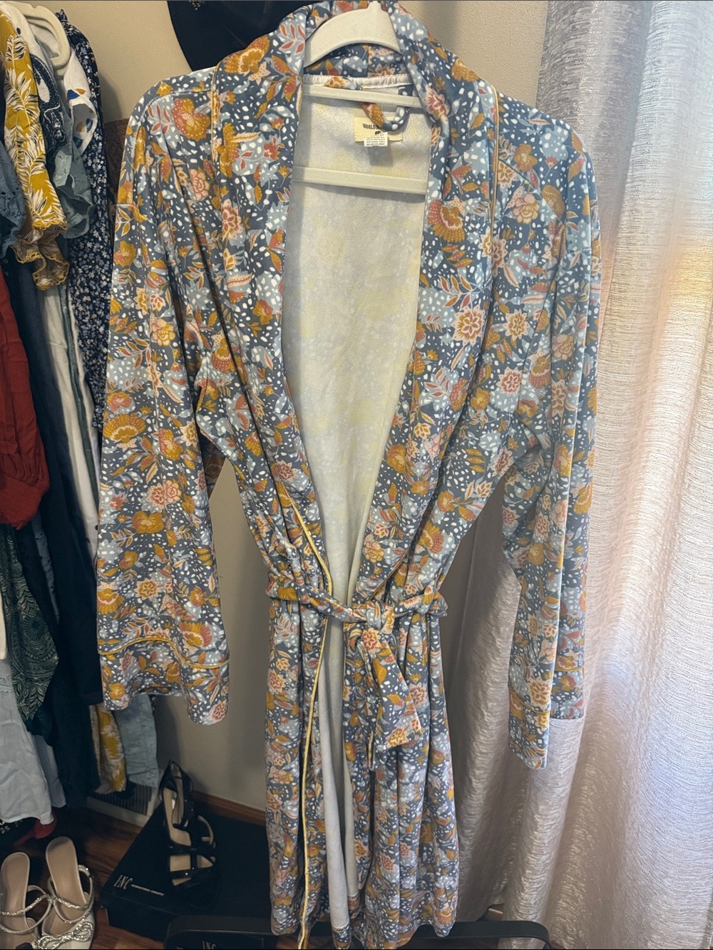 Cost Plus World Market Floral Grey and Mustard Robe